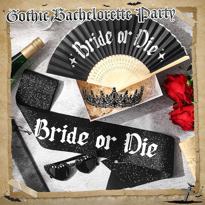 JaGely 4 Pcs Gothic Bachelorette Party Accessories Set, Bride Crystal Crown Sunglasses Sash and Fan for Bridal Shower(Bride or Die)