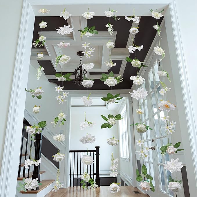 Suncalla 12 Pcs 70.8 ft Wildflower Garland Pre Strung Artificial Hanging Flower Vine Backdrop Decor from Ceiling Floating Silk Floral Garland for Garden Wedding Bridal Shower(Boho,White)