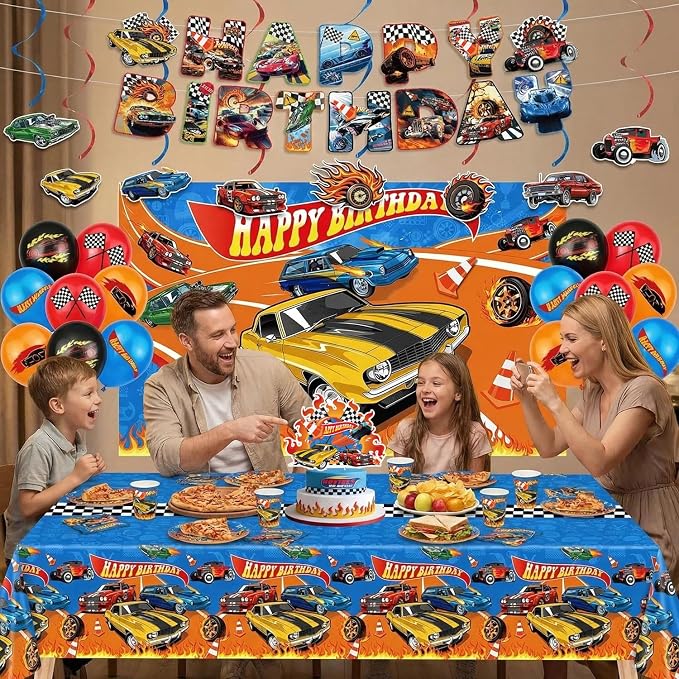 Race Car Birthday Decorations Party Decorations Set Include Race Car Balloons, Tablecloth, Backdrop, Cake Cupcake Toppers, Hanging Swirls, Banner Racing Car Party Supplies for Boys Birthday Decor