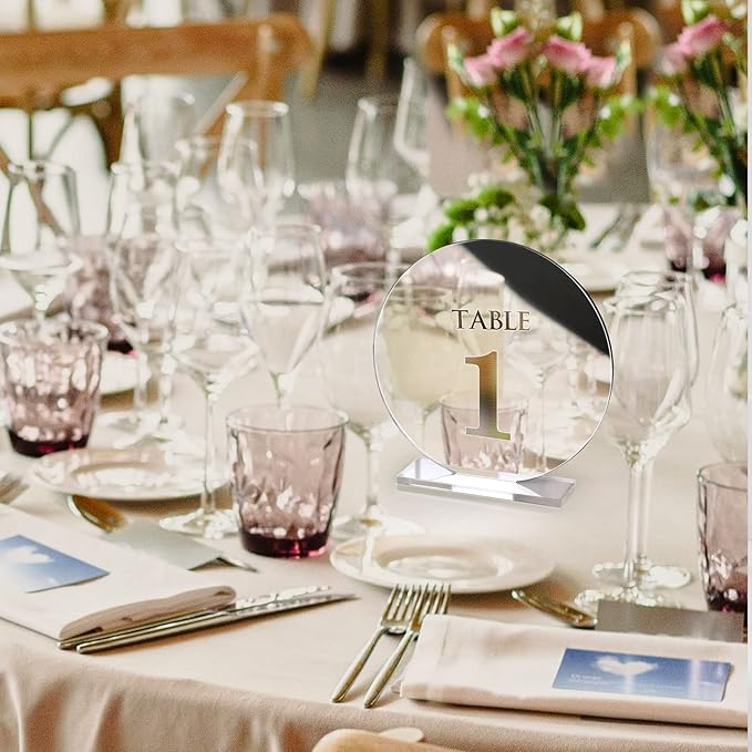 Acrylic Wedding Table Numbers 1-25 with Stands,4.8"Round Mirror Silver Table Number Signs and Holders for Wedding Reception, Party, Event, Centerpiece Decoration