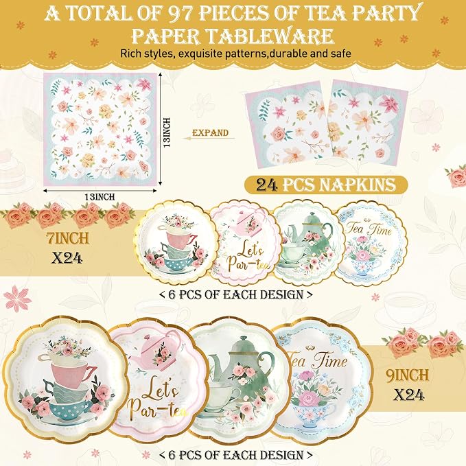 Yungyan 97 Pcs 24 Guests Tea Birthday Party Supplies Disposable Tableware Set 9 oz Paper Cups with Handle 7" 9" Paper Plate Napkin Tablecloth for Party Wedding Baby Shower (Elegant Style)