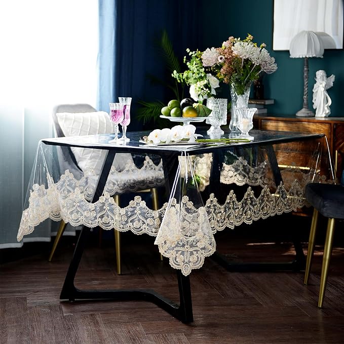 ARTABLE Vinyl PVC Rectangle Tablecloth Waterproof Clear Table Cover with Champagne Lace Macrame Border for Wedding Kitchen Home Outdoor Indoor Holidays Party Decor (Gold, 52 x 70 Inch)