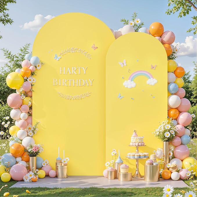 Yellow Arch Cover Set of 2-7.2 and 6FT Yellow Arch Backdrop Cover Spandex Fitted Birthday Party Arch Stand Covers Stretchy Backdrop for Baby Shower Bridal Shower Ceremony Wedding Photo Background