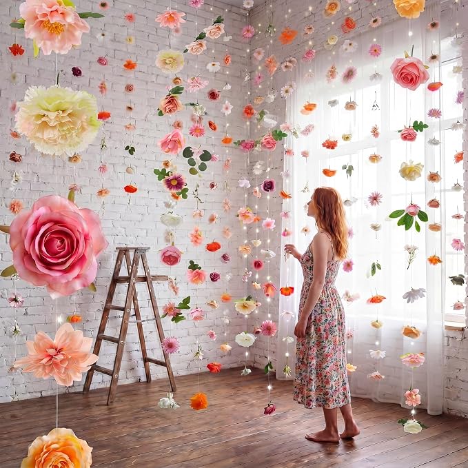 Suncalla 6 Pack 35.4ft Fake Flower Garland Backdrop with LED Lights Hanging Wildflower Floral Vine Decorations for Wedding Bridal Shower Birthday Baby Shower Party Backdrop(Lovely,Multicolor)