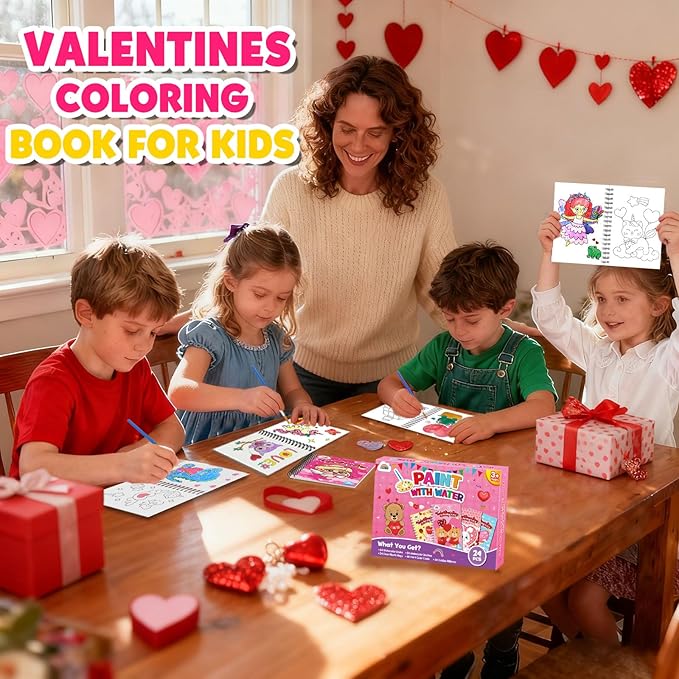 ZMLM 24 Water Coloring Books for Kids Party Favors - Bulk Mini Coloring Books for Kids Ages 4-8,Small Birthday Goodie Bag Stuffers School Teacher Return Gift Art Crafts Classroom Prizes (Valentines)