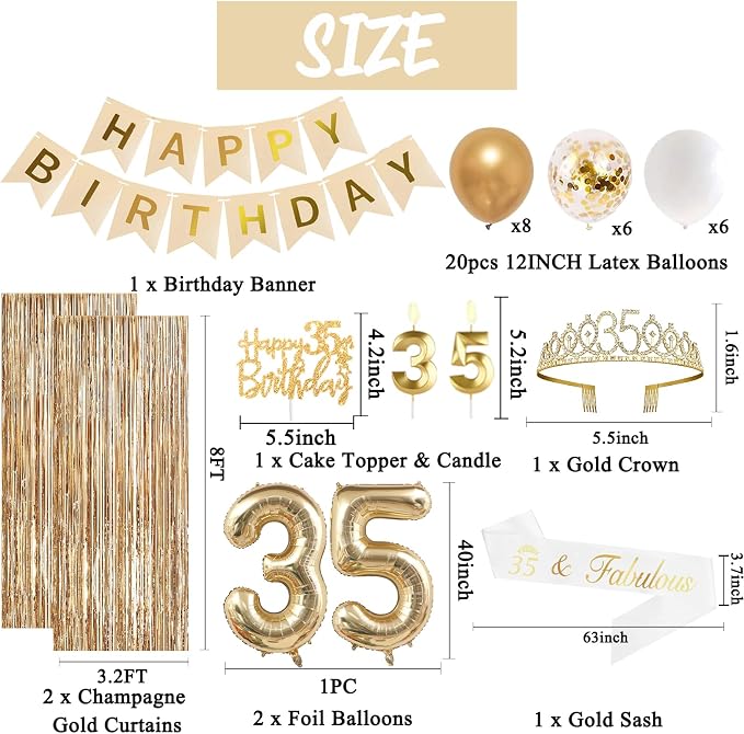 Trgowaul 35th Birthday Decorations for Women, Banner, Sash and Crown, Cake Topper, 35 Number Balloon, Fringe Curtains, Champagne Gold 35th Birthday Party Supplies