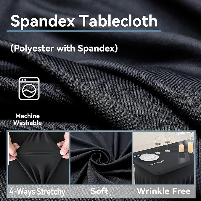 12 pk Black Spandex Tablecloth 6ft with Ruffled Skirt,Wrinkle Free High Stretch Fitted Tablecloths for 6 Foot Rectangle Tables,Pleated Elastic Spandex Table Covers 6 ft for Parties Wedding Banquet
