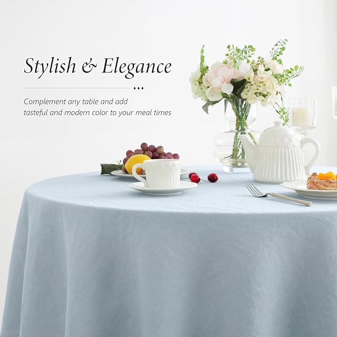 Linen World Blue Linen Tablecloth - 100% French Linen Round Tablecloth 90" Inch,Washable Natural Tablecloth for Dining,Outdoor,Weddings and Restaurants,Decorative Thanksgiving Christmas - Mist Blue