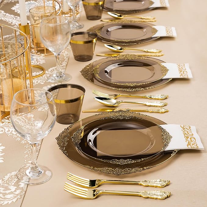 Bestluck 350PCS Clear Black Plastic Plates for 50 Guests, Disposable Plates with Gold Trim include 50 Dinner and Dessert Plates, 150 Gold Silverware, 50 Cups, 50 Napkins for Party & Graduation