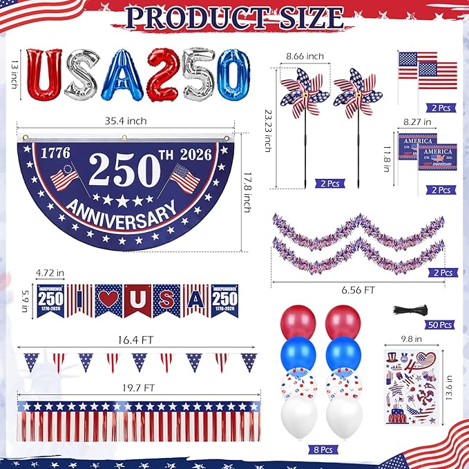 Tryly 4th of July Golf Cart Decorations Kit, 250th Patriotic Parade Golf Cart Decor – 250th Banner, Fan Flags, Foil Fringe Garland, Pinwheels and More with 1776-2026 for Independence Day Memorial Day
