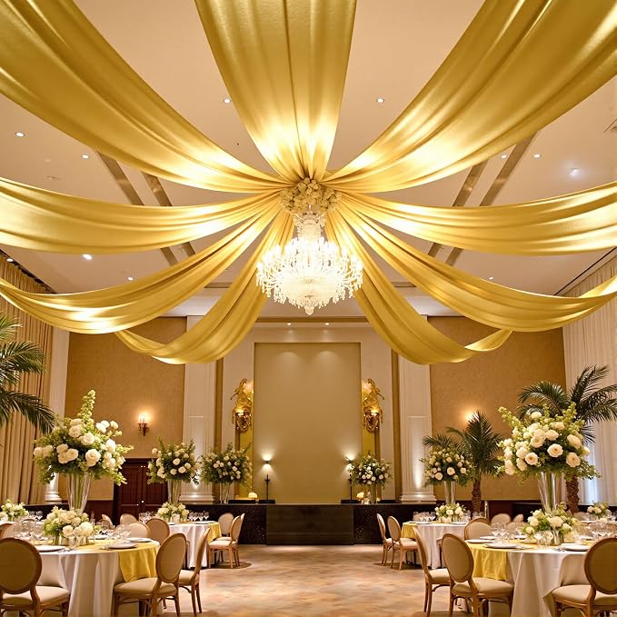 gogoparti 10x20FT Gold Shimmer Backdrop Curtains for Weddings Parties - 2 Panels of Extra Long 5x20FT Drapes, Includes Dual Pole Pockets, Wrinkle-Free Fabric for Party, Photo Booth & Tent Decoration