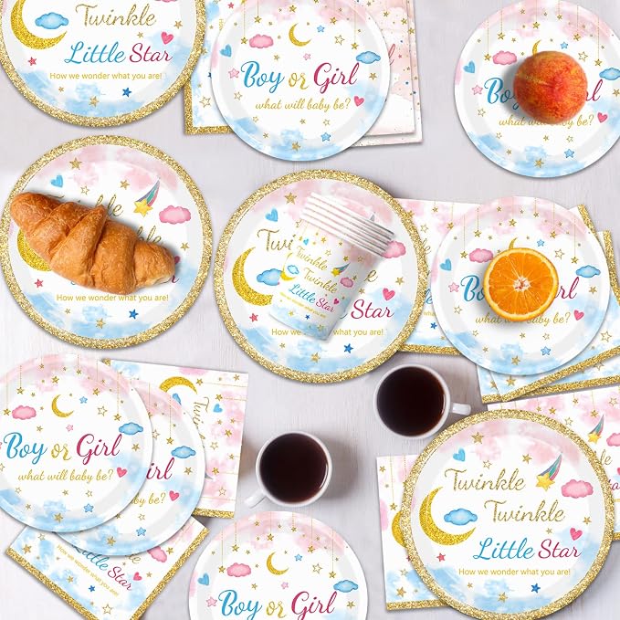 96Pcs Twinkle Twinkle Little Star Gender Reveal Party Supplies Tableware Set little Star Baby Shower Plates Napkins Forks Dinnerware for Baby Shower Decorations, 24 Guests