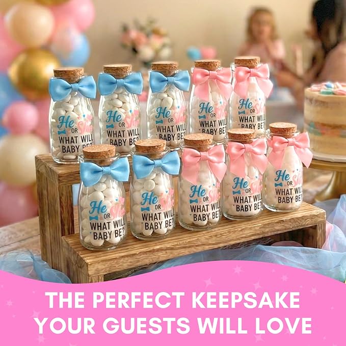 Ethisa 12 Pack Gender Reveal Glass Jars - He or She Gender Reveal Party Favors for Guests and Table Centerpieces - Classy Boy or Girl Milk Glass Bottles - Baby Shower Decorations and Candy Gifts