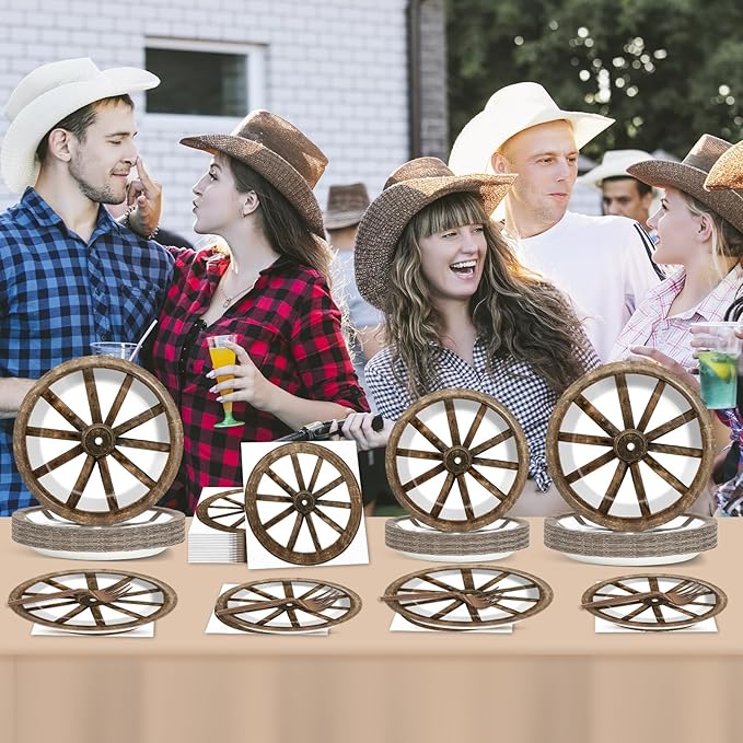 96Pcs Western Cowboy Party Paper Plates and Napkins for Western Party Supplies Wooden Wagon Wheels Themed Paper Dessert Plates Tableware Set for Kids Boys 24 Guests Birthday Party Decoration