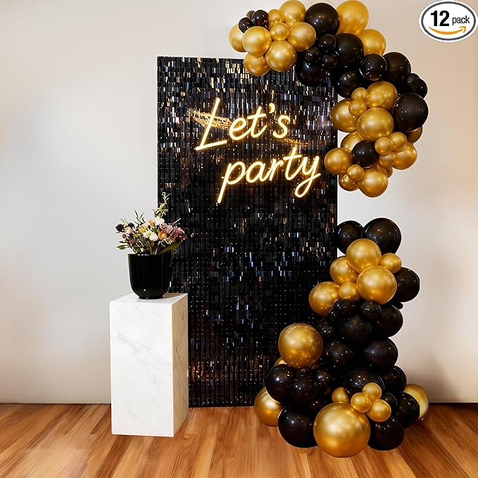 Black Shimmer Wall Backdrop 12 Panels Cover 4 x 3 Ft, Photo Backdrops for Wedding,Anniversary,Birthday,Party Decoration