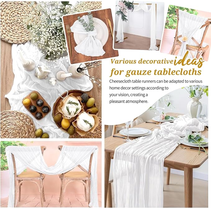 6 Pack Cheesecloth Table Runner White 10Ft Rustic Boho Gauze Table Runner Romantic Long Sheer Fabric Cheesecloth Table Runner for Wedding Festival Birthday Anniversary Dinner Outdoor Events