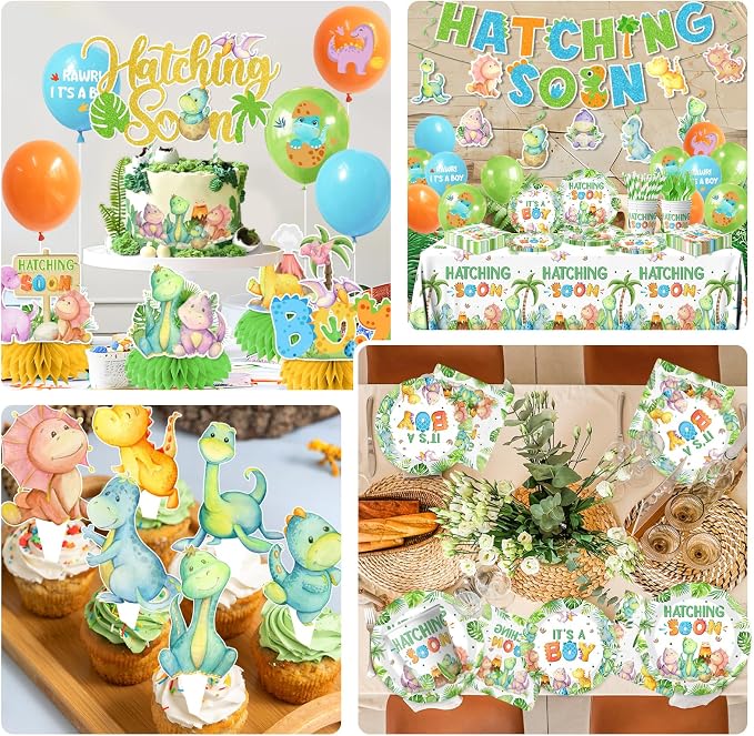 Dinosaur Baby Shower Decorations, Hatching Soon Party Ddecorations includes It's A Boy Plates Dinosaur Napkins and Balloons, Hatching Soon Dino Party Decorations for Boy Baby Shower, Serve 24