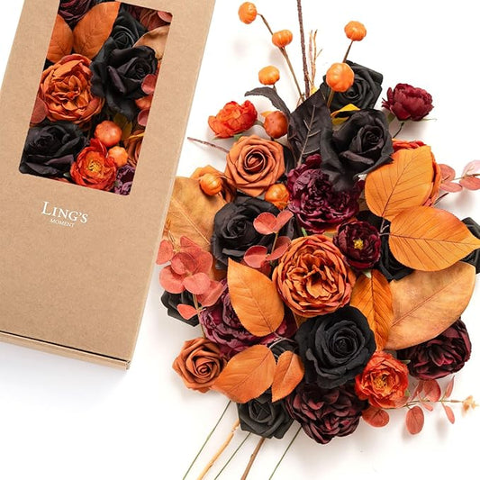 Ling's moment Artificial Flowers and Greenery Combo Box Set, Halloween Theme Decoration for DIY Wedding Bouquets Party Centerpieces and Floral Arrangements (Black and Orange)