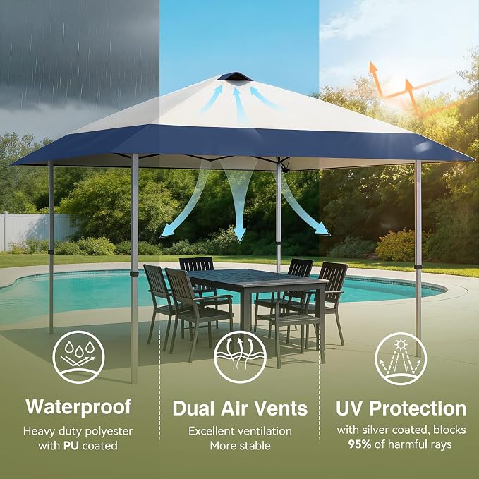HYPER VENTURE 13x13ft Pop Up Canopy Tent with One Push Setup, Portable Outdoor Event Shelter with Rolling Carry Bag for Camping, Beach, Market, Patio (Navy)