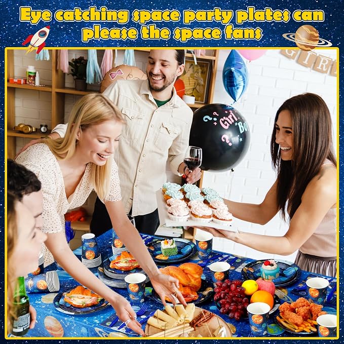 Potchen 452 Pcs Party Supplies Serve 50 Guests, Paper Plates Napkins Cups Cutlery Plastic Tablecloth Dinnerware for Birthday Wedding Party Decoration(Dark Blue, Space)