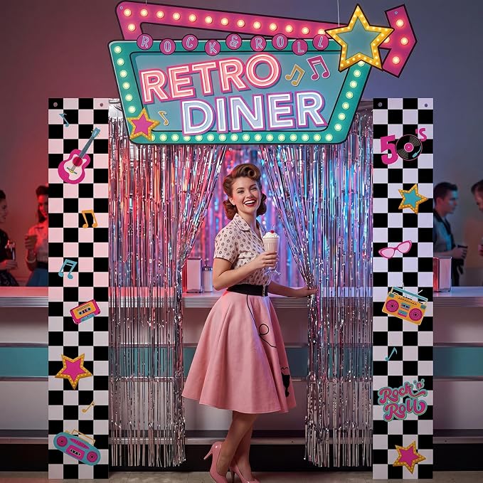 Peryiter 5 Pcs 1950s Party Decorations Rock and Roll Party Decorations Retro Diner Welcome Arch, Silver Foil Fringe Curtain and Double Sided Tape for 1950s Theme Backdrop