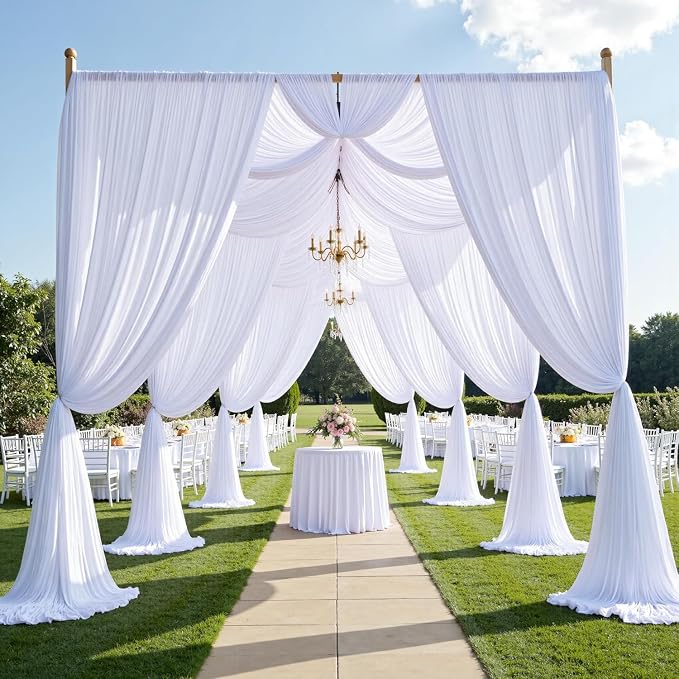 50ft×12ft White Backdrop Curtain for Wedding Parties, 10 Panels Wrinkle Free Polyester Photo Backdrop Drapes Back Drop Cloth for Birthday Photography Background