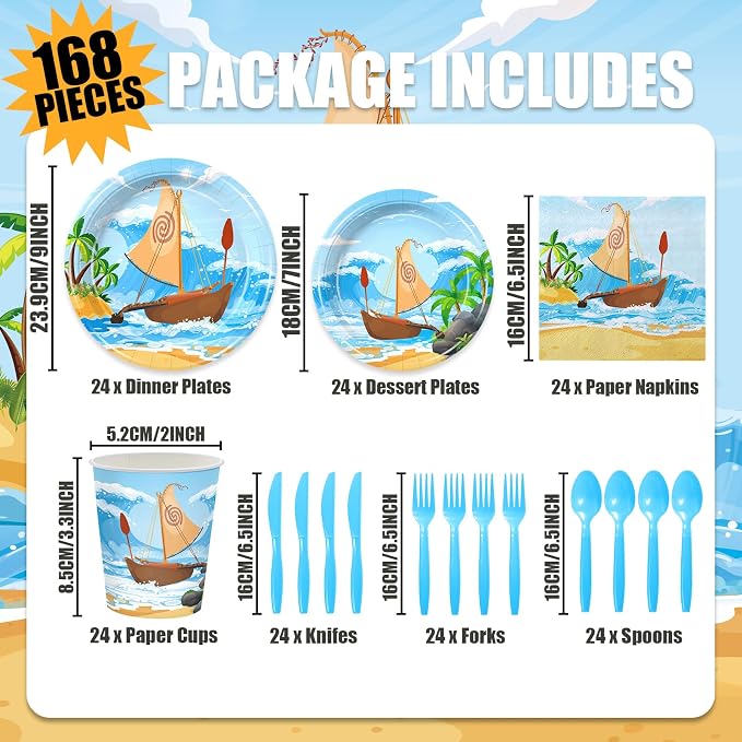 168Pcs Ocean Girl Party Decorations Cartoon Party Supplies Hawaiian Theme Birthday Decoration Paper Plates and Napkins Tableware Set for Girls Boys