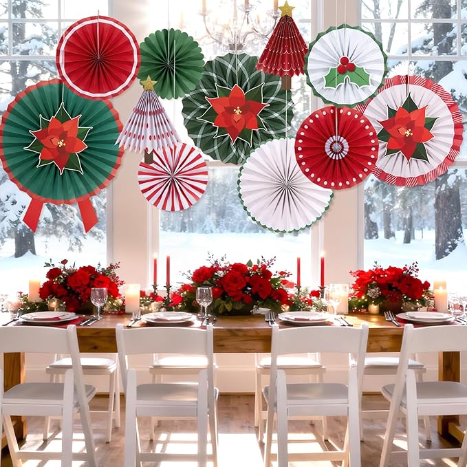 SUNBEAUTY 15PCS Christmas Hanging Paper Fan Decorations with Poinsettia Flowers Christmas Trees with Star Topper Red Green Christmas Wall Decor for Xmas Holiday Party Home Backdrop
