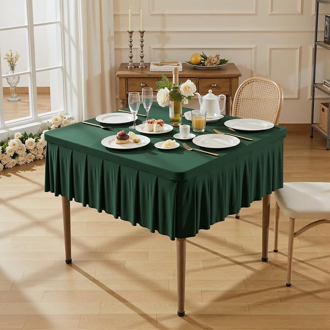 Wish Care Hunter Green Spandex Tablecloths for 34x34 Inch Square Tables, Stretch Fitted Table Clothes with Pleated Ruffle Skirt for 34” Table, Wrinkle Free and Elastic, for Party Kitchen Home Dining