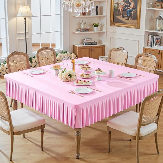 Wish Care Pink Spandex Tablecloths for 54x54 Inch Square Tables, Stretch Fitted Table Clothes with Pleated Ruffle Skirt for 54” Table, Wrinkle Free and Elastic, for Party Kitchen Home Dining