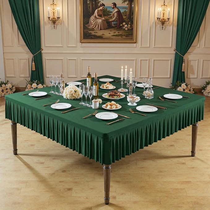 Shillance 60x60 Inch Green Spandex Square Tablecloth 2 Pack,Wrinkle Free Green Fitted Table Cloth for Square Tables,Washable Pleated Table Cover for Wedding Birthday Cocktail Party Buffet Dinner