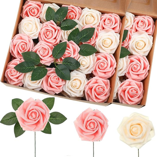 50 Pcs Artificial Foam Rose Flower Faux Bouquet Wedding Fake Rose Gift for Mother's Day Women DIY Bridal Shower Party Table Birthday Home Spring Decor (Pink,Champagne)