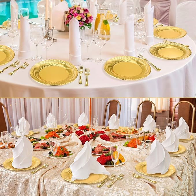Tioncy 200 Pcs Gold Plastic Dessert Plates with Mini Forks Set for 100 Guests Includes 100 Pcs 7'' Disposable Cake Plates 100 Pcs 3.94'' Gold Plastic Forks for Wedding Birthday Party Dessert Table
