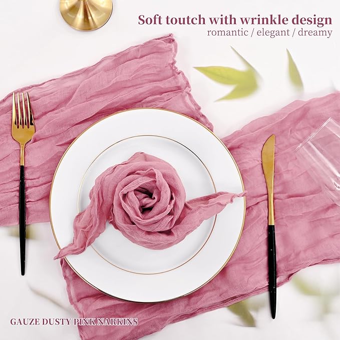 60 PCS Dusty Rose Gauze Cheesecloth Napkins,20x20 Inch Gauze Napkin Rustic Wrinkled Cheesecloth Napkin Bulk Washable Dinner Table Napkins for Wedding Party Bridal Shower Baby Shower Events Decor