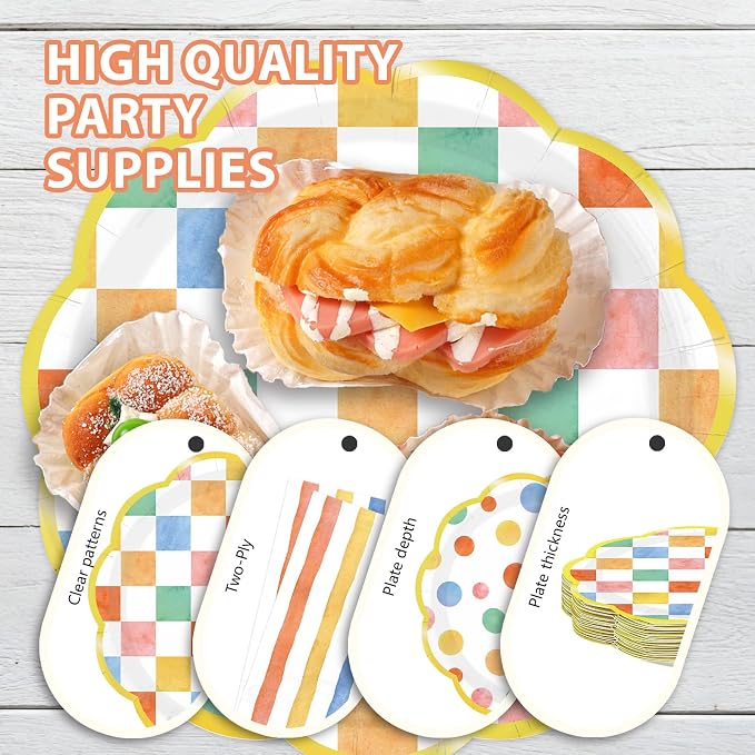 96Pcs Pastel Gingham Decorations Rainbow Gingham Plates and Napkins Colorful Striped Plaid Dots Tableware Set for Boys and Girls Baby Shower Pastel Birthday Preppy Party Supplies, Serves 24