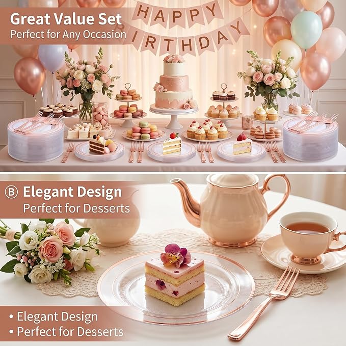 I00000 72 Pcs Rose Gold Plastic Dessert Plates7.5& 72 Pcs Plastic Forks7.4, Premium Salad Plates, Heavy Duty Disposable Plate for Party,Disposable Appetizer Plates Great for Wedding