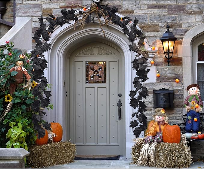 3 Pack Black Leaf Garland, Artificial Autumn Hanging Maple Leaves Vines Foliage Garland for Halloween Party Front Door Home Fireplace Decor (5.5Ft/Pack)
