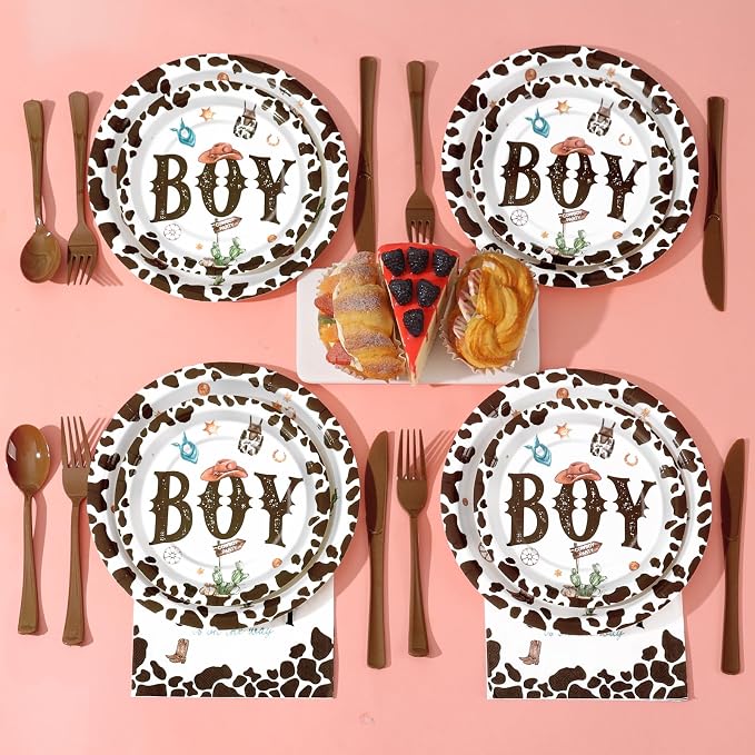168 Pcs Cowboy Baby Shower Decorations, A Little Cowboy is on the Way Boy,Baby Boy Shower Plates and Napkins Sets Serves 24, Western Baby Shower Decorations, Its A Boy, Brown