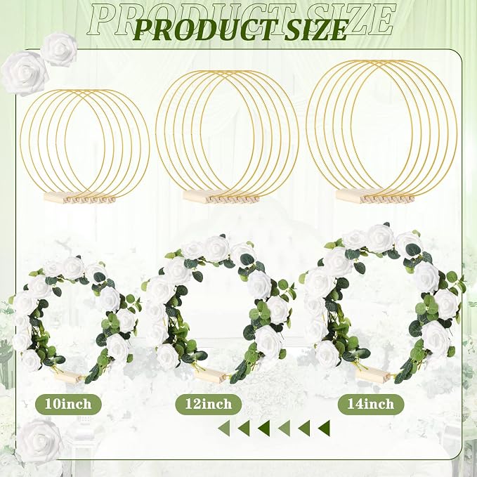 15 Pcs Metal Floral Centerpiece Table Decorations Hoop Centerpiece with Stand Gold Centerpieces for Table 15 Wooden Holders 30 Artificial Flowers 30 Leaves for Wedding DIY Craft Decor(14 Inch,White)