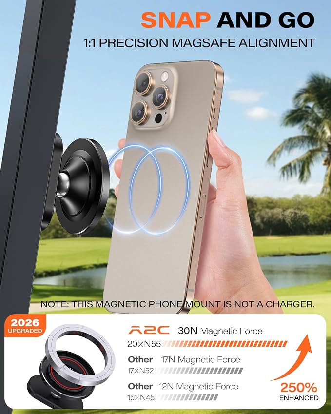 A2C Alloy Magnetic Golf Cart Phone Holder for MagSafe iPhone, Unique Golf Gifts for Men Golfers Dad Father, Golf Gift for Him Husband, Golf Accessories Essentials Gadgets Fits EZGO, Club Car (Black)