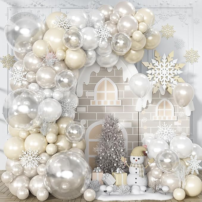 Pearl White Balloon Arch, Double Stuffed Pearl White Sand Balloon Garland, Neutral Ivory Clear Transparent Balloons Different Sizes for Boho Wedding Baby Bridal Shower Engagement Birthday Party Decor