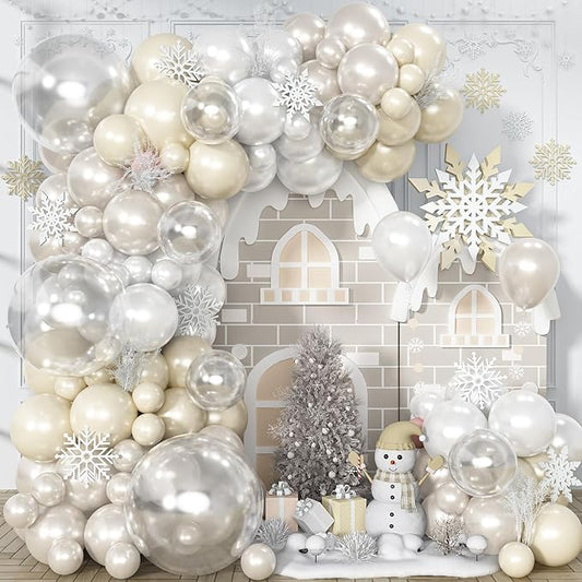 Pearl White Balloon Arch, Double Stuffed Pearl White Sand Balloon Garland, Neutral Ivory Clear Transparent Balloons Different Sizes for Boho Wedding Baby Bridal Shower Engagement Birthday Party Decor