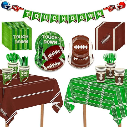 171 PCS Football Party Supplies Kit, Disposable Tableware Plates Napkins Cups Knives Tablecloth Forks Spoons, Touchdown Tablecloth for Birthday Gameday Tailgate Thanksgiving Christmas Decor, Serves 24