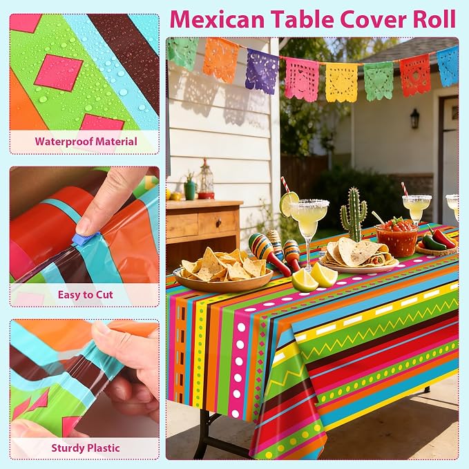 Kochorie 100 Ft x 54 Inch Mexican Fiesta Party Tablecloth Roll with Cutting Box Disposable Plastic Mexican Striped Table Cover Backdrop for Fiesta Taco Party Supplies