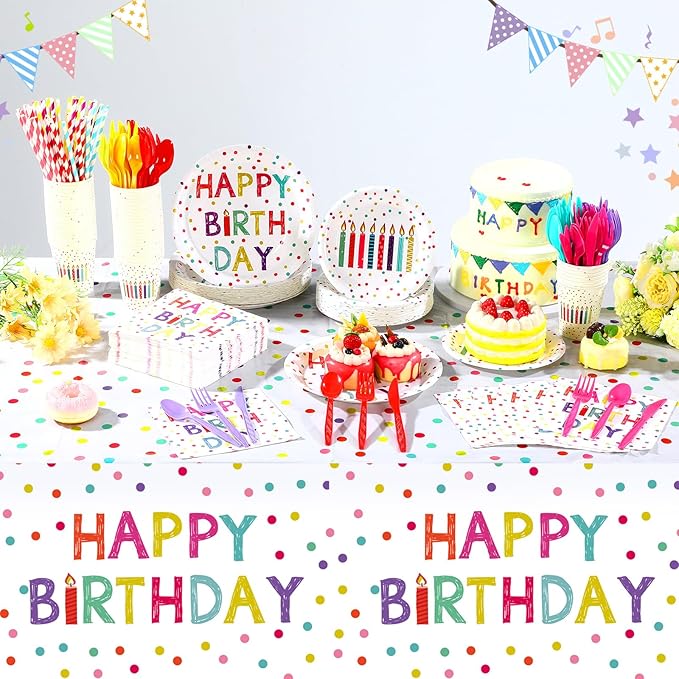 Funnymoom 452 Pcs Happy Birthday Party Decorations Supplies for 50 Guests Birthday Polka Dots Paper Plates Napkins Cups Tablecloth Cutlery for Girls Boys