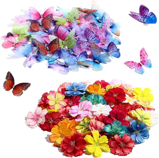 Canlierr 100 Pcs Faux Floral Head Organza Butterfly Set for Craft 50 3D Small Ribbon Fabric Butterflie Appliques 50 Mini DIY Faux Colorful Flower for Craft Car Cake Wedding Party Decoration(Colorful)