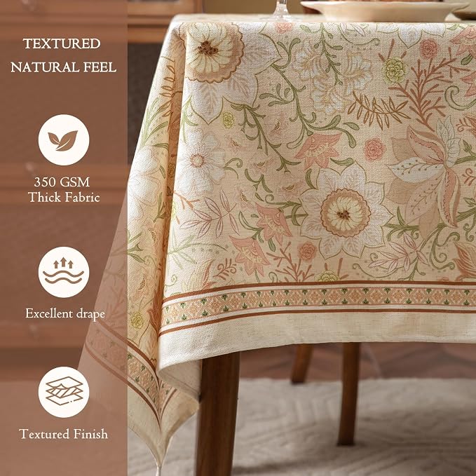 French Thick Linen Tablecloth for Rectangle Tables, Pink Floral Waterproof Wipeable Decorative Table Cover for Dining Kitchen Indoor Outdoor, 63" x 91", 6-8 Seats