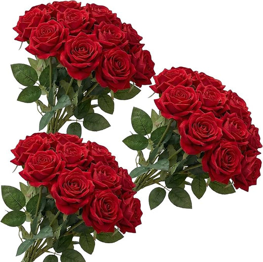 ANLUKEAR Real Touch Roses 4 Inch Premium Velvet Artificial Roses Long Stem Fake Roses Realistic Faux Flowers for Wedding Centerpieces Home Table Decor Bridal Bouquet 25pcs/gift box for gifting（50 Red）