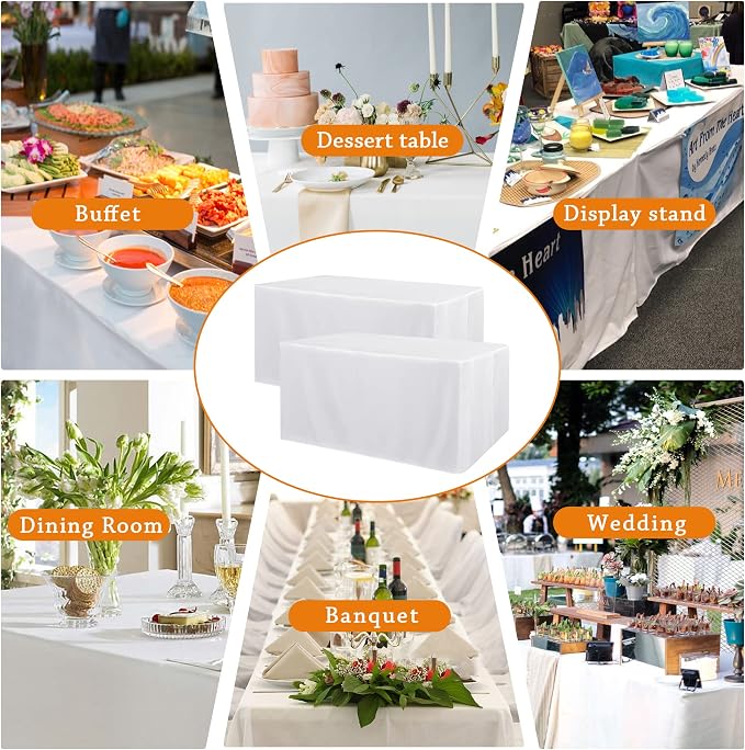 Obstal 2 Pack Table Clothes for 8 Foot Rectangle Tables - Water Resistant Washable Fabric Polyester Rectangle Table Cover Protector for Wedding, Banquet and Trade Shows, 96L x 30W Inches, White