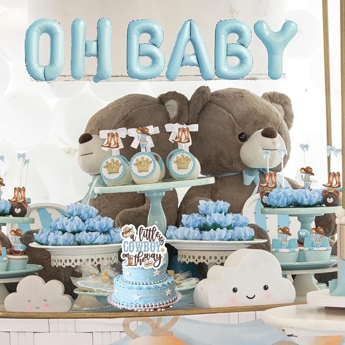 Cowboy Baby Shower Decorations for Boy - Western Theme Party Supplies Include Balloon Garland Arch Kit, Backdrop, Tablecloth, 4 Balloon Boxes, Cake Topper - A Little Cowboy is on the Way Decor Blue